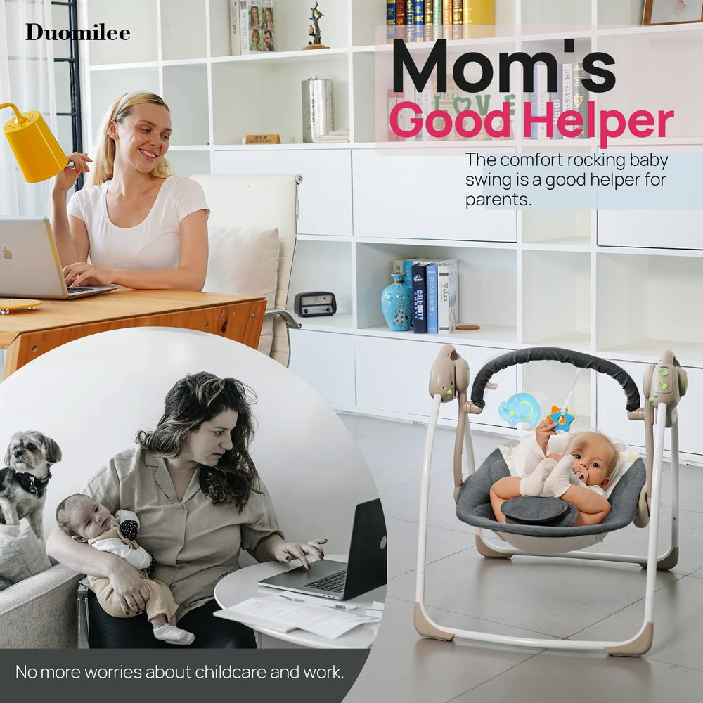 Duomilee baby electric swing with 5-point harness for secure seating.