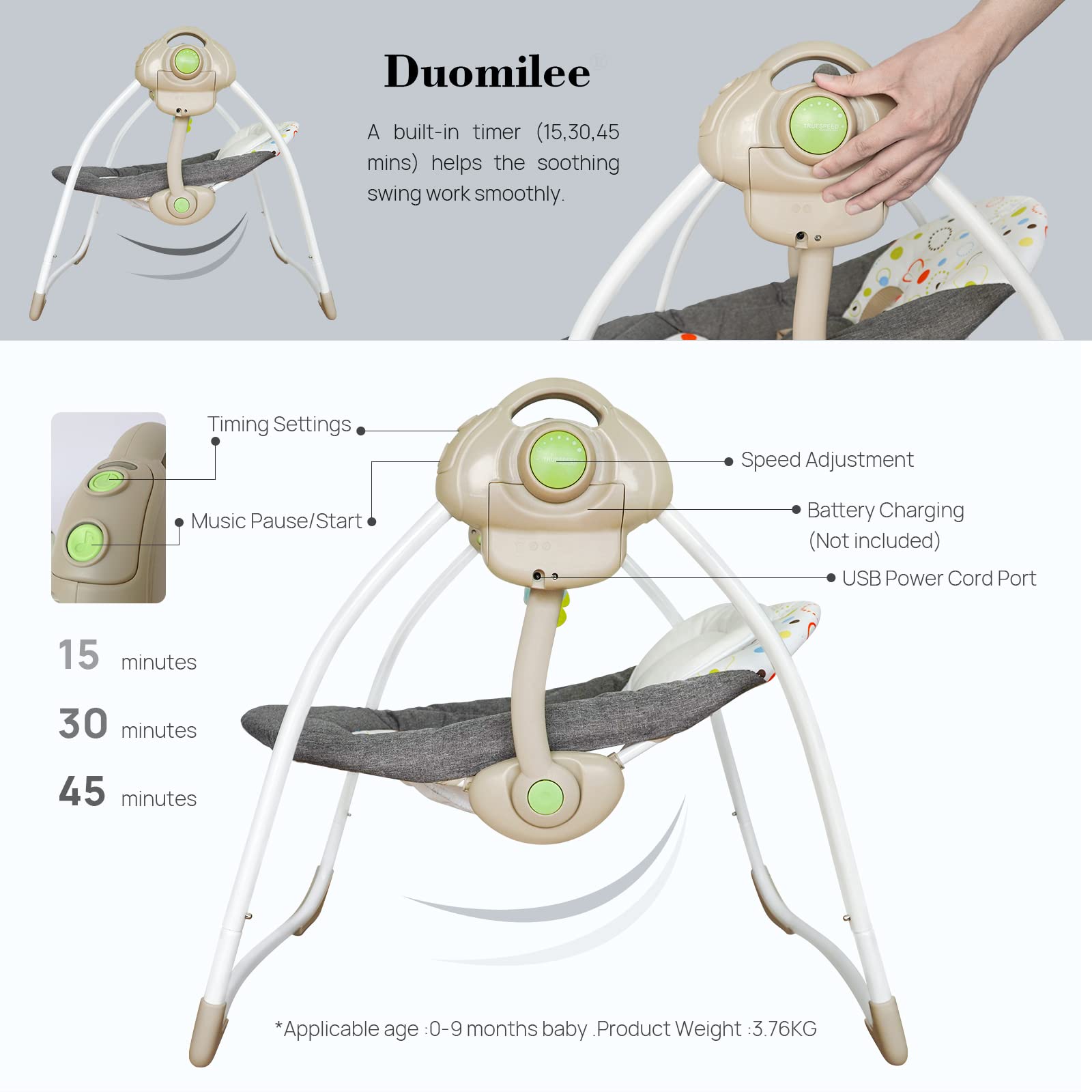 Duomilee baby electric swing with toy bar promoting sensory play.