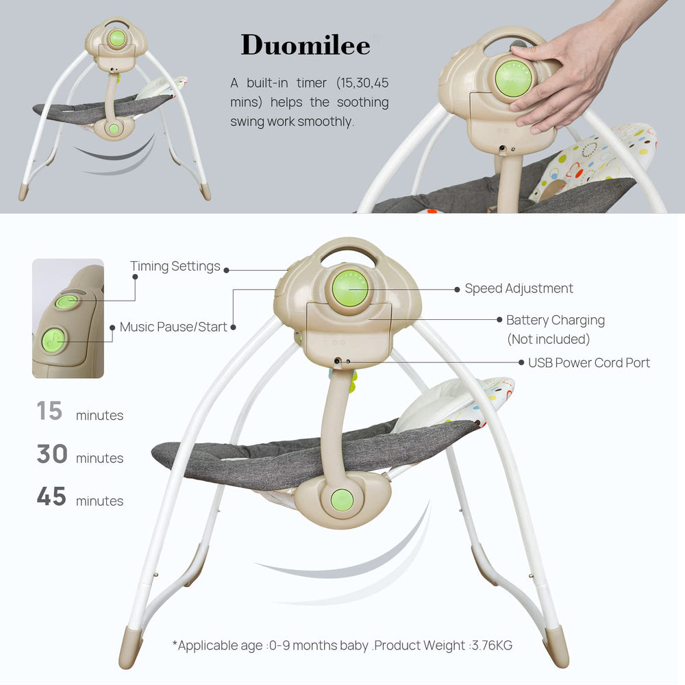 Duomilee baby electric swing with toy bar promoting sensory play.