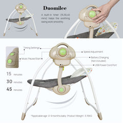 Duomilee baby electric swing with toy bar promoting sensory play.