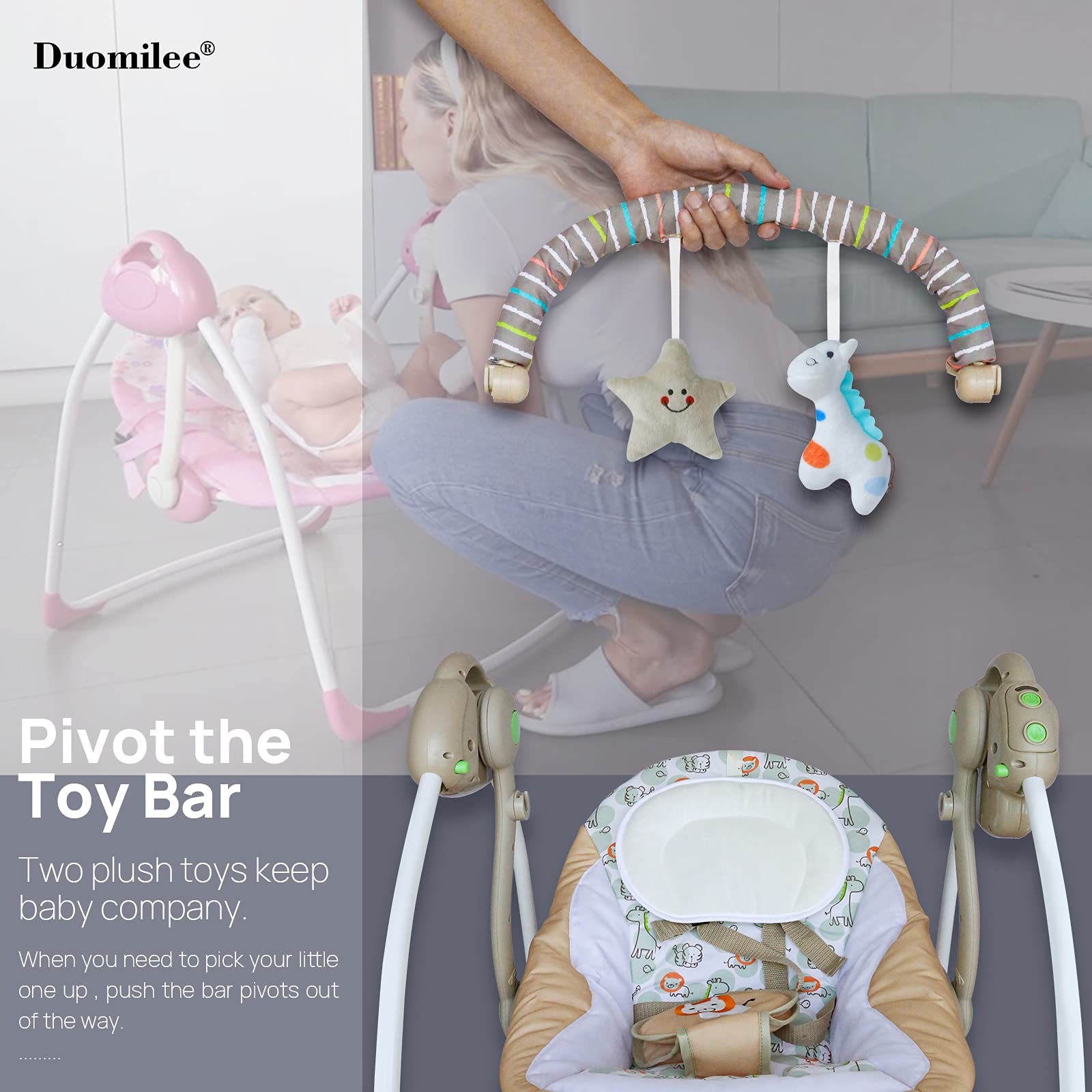 Duomilee swing offers 16 melodies and adjustable speed stages.