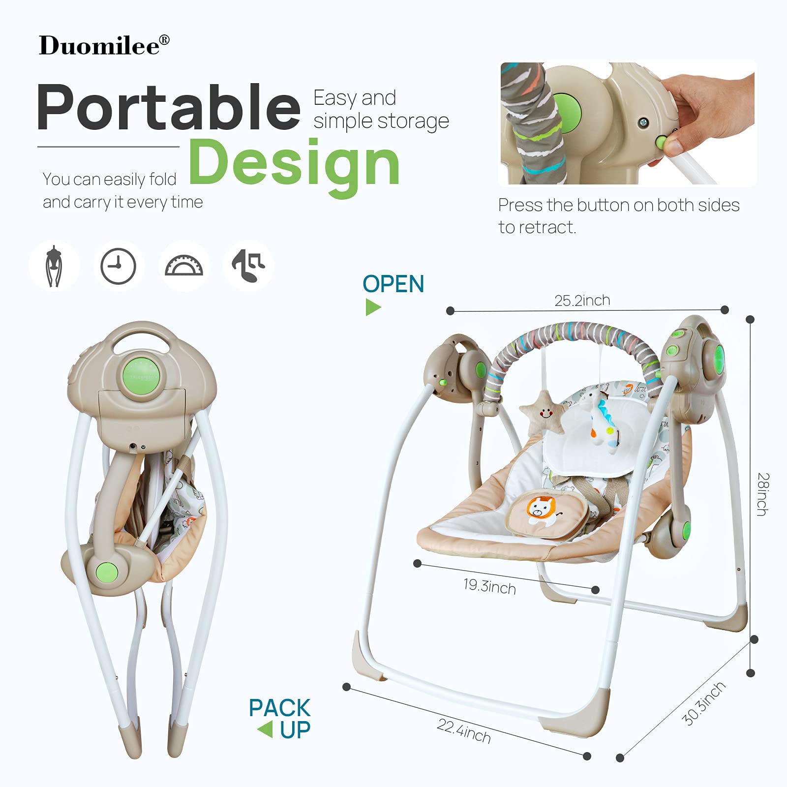 Duomilee seat includes built-in timer and ergonomic head support.
