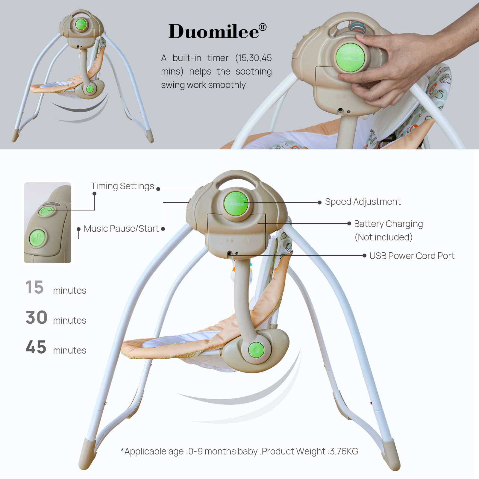 Duomilee swing with stuffed toys for safe sensory exploration.