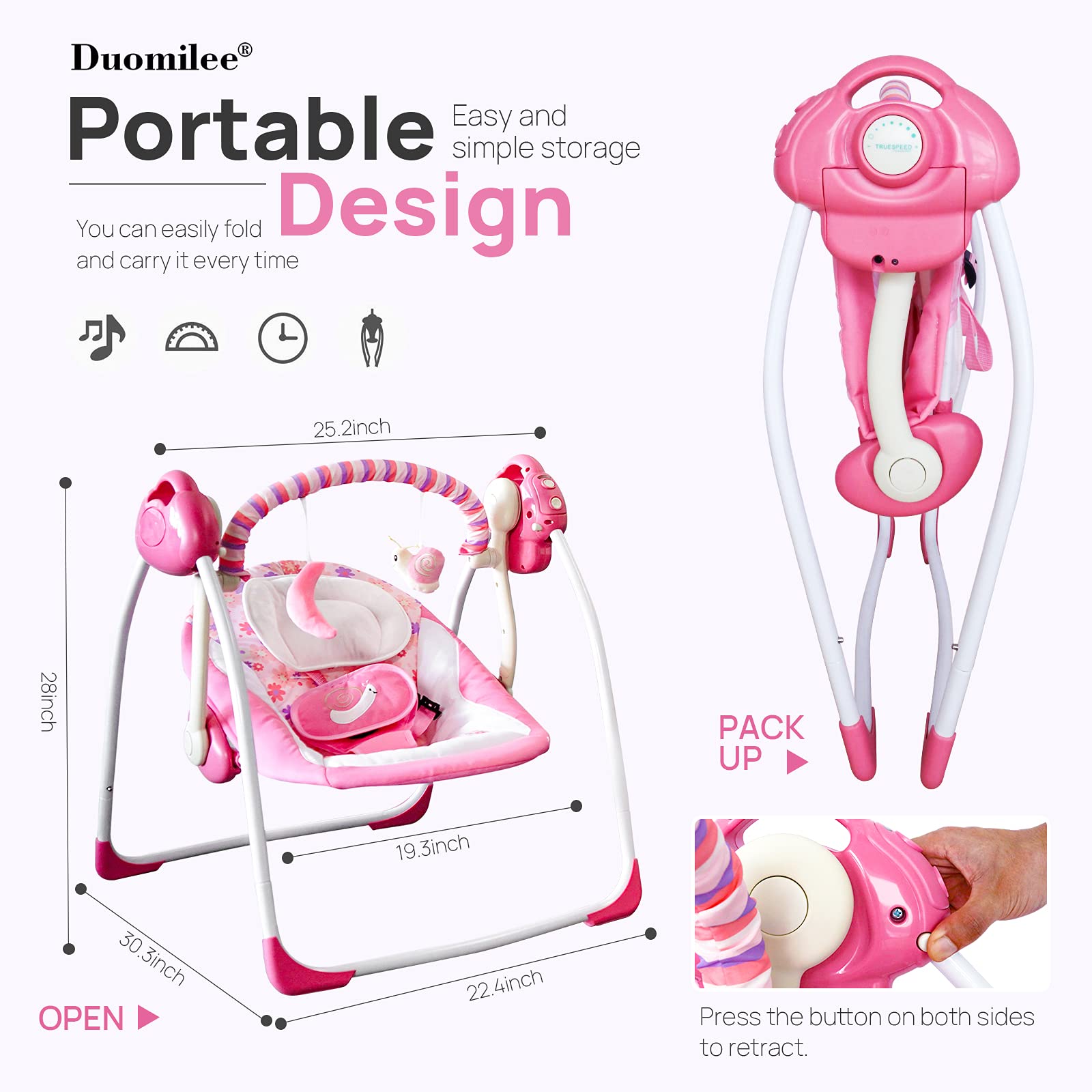 Duomilee swing with soft plush toys encouraging reach and play