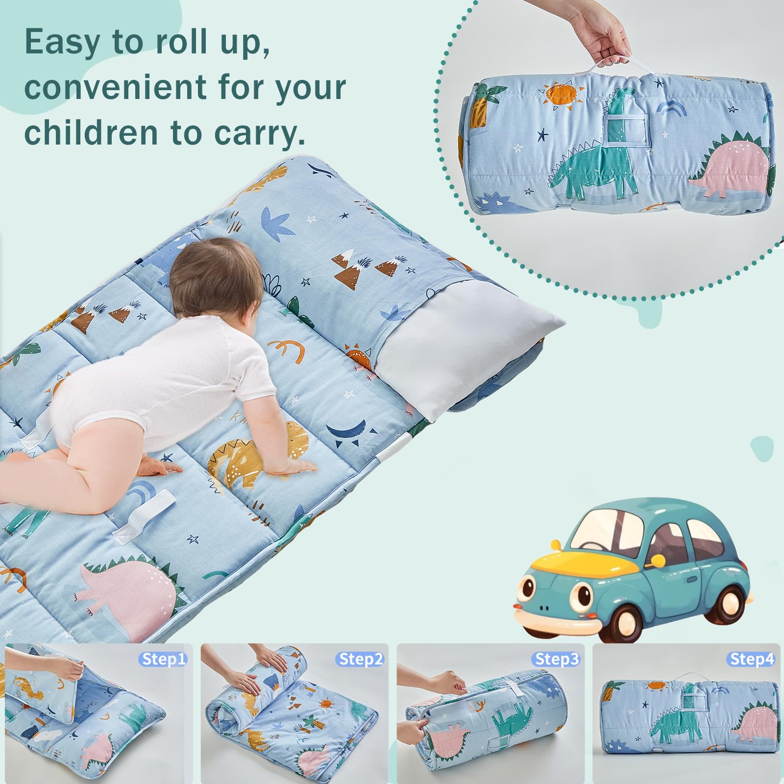 Blue dinosaur pattern nap mat ideal for preschool and daycare use