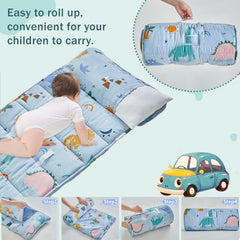 Blue dinosaur pattern nap mat ideal for preschool and daycare use