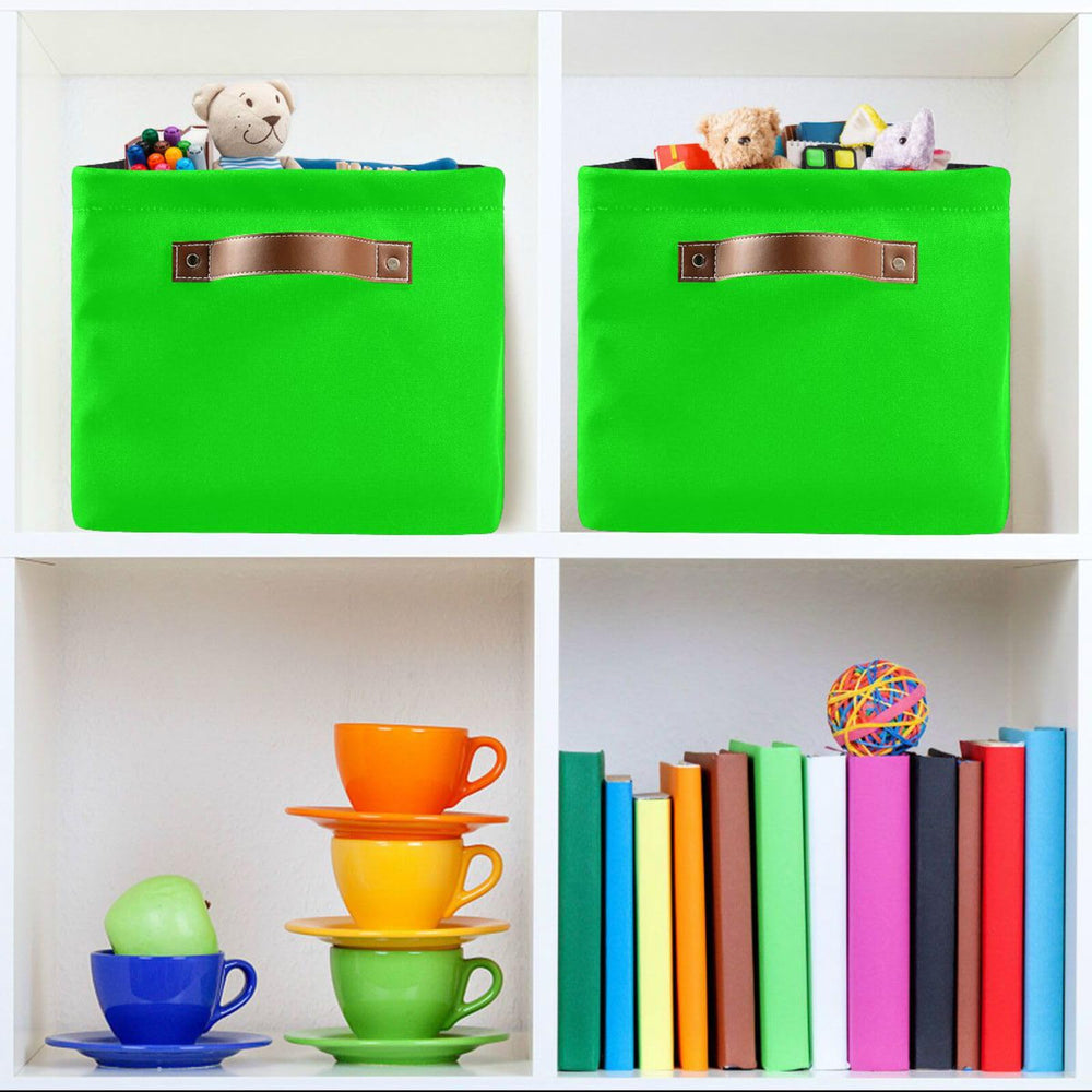 Dussdil neon lime storage basket in laundry area for detergents and cloths.