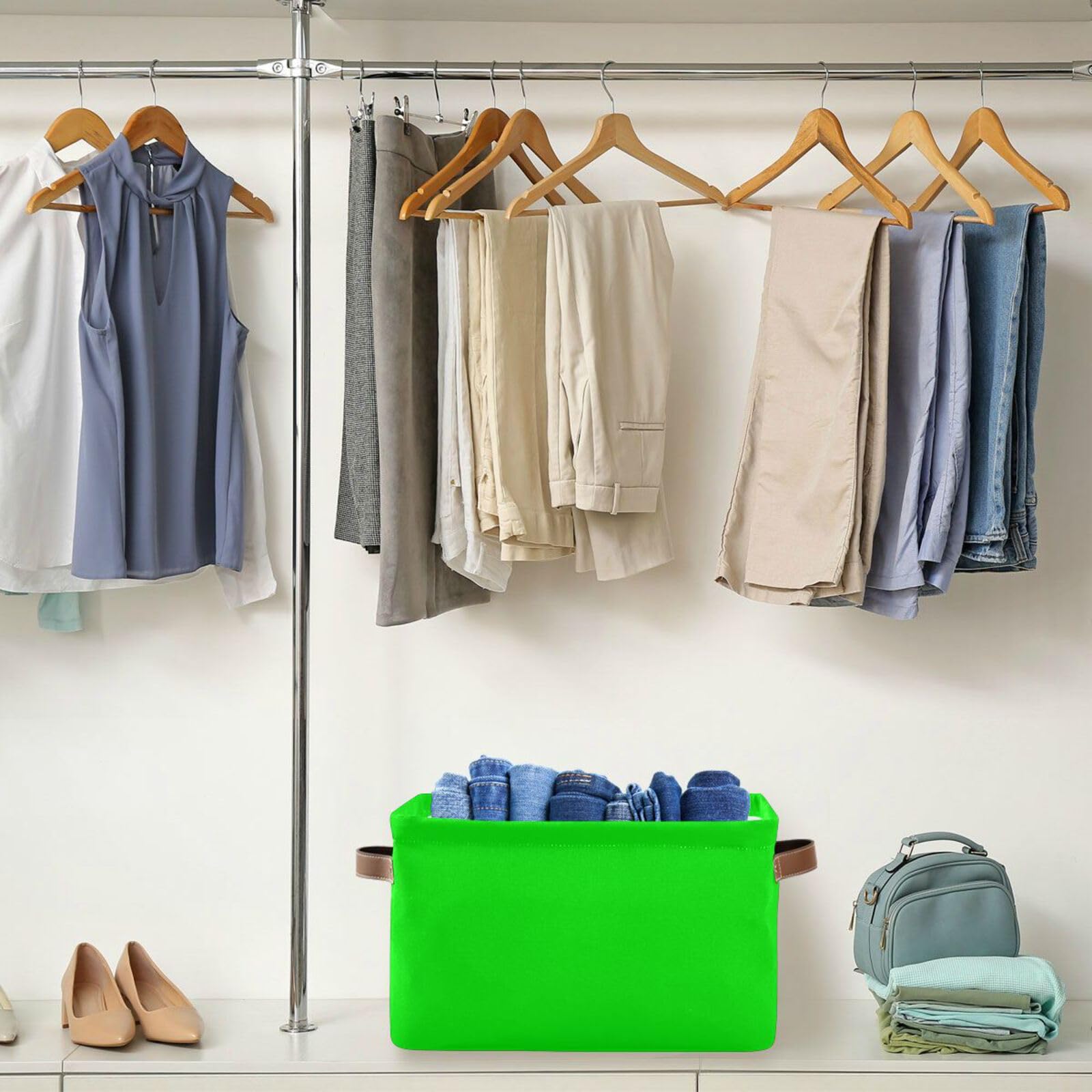 Dussdil neon lime storage basket with white interior lining keeps contents organized.
