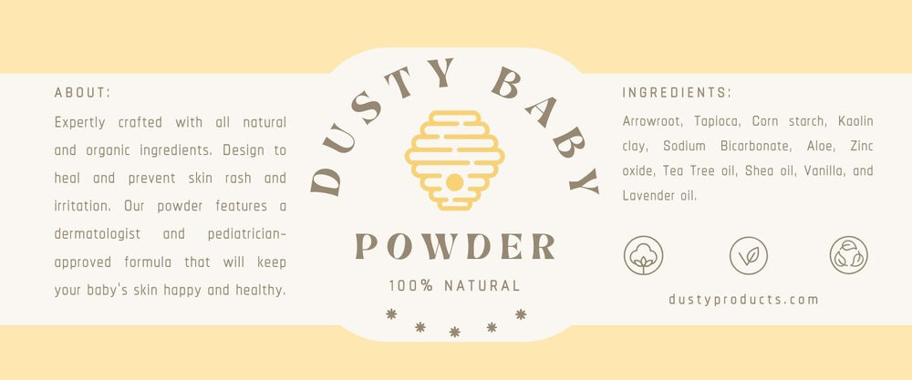 Dusty Baby Powder with aloe vera and tea tree oil for soothing comfort.