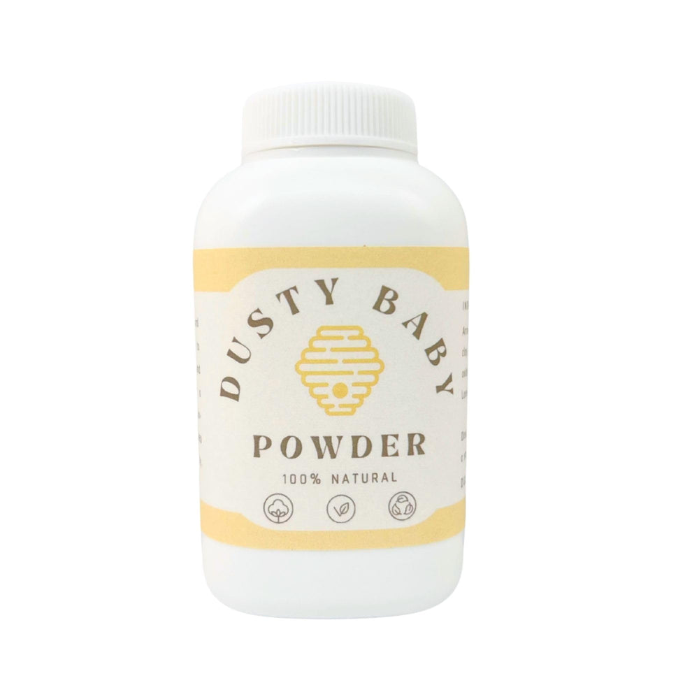 Dusty Baby Powder arrowroot tapioca corn starch blend for gentle absorption on delicate skin.
