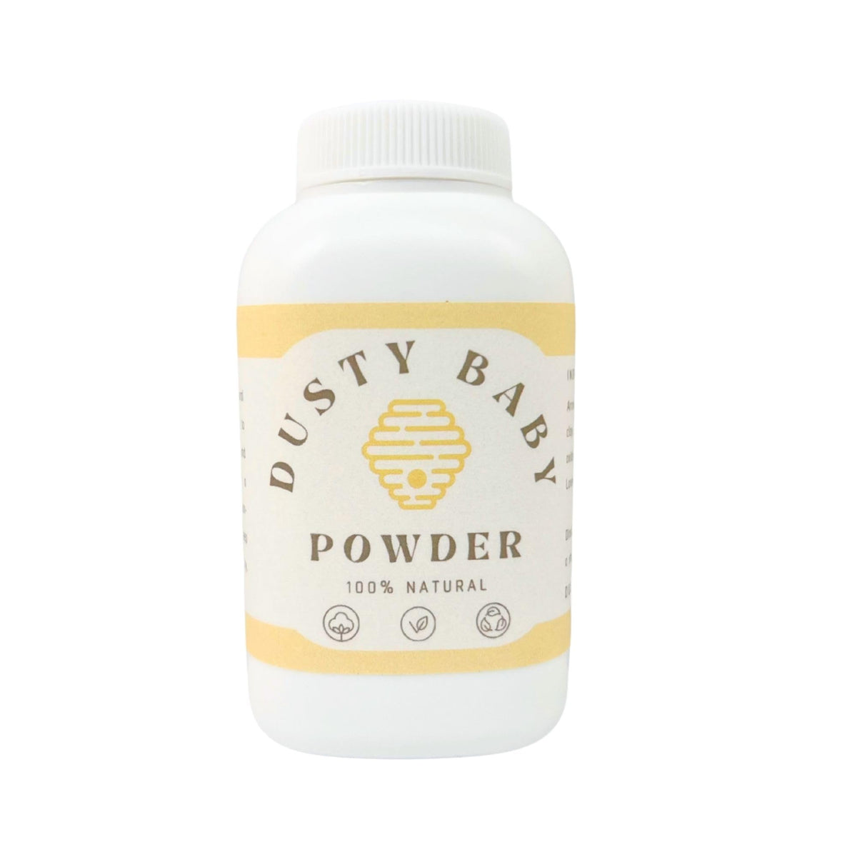 Dusty Baby Powder arrowroot tapioca corn starch blend for gentle absorption on delicate skin.