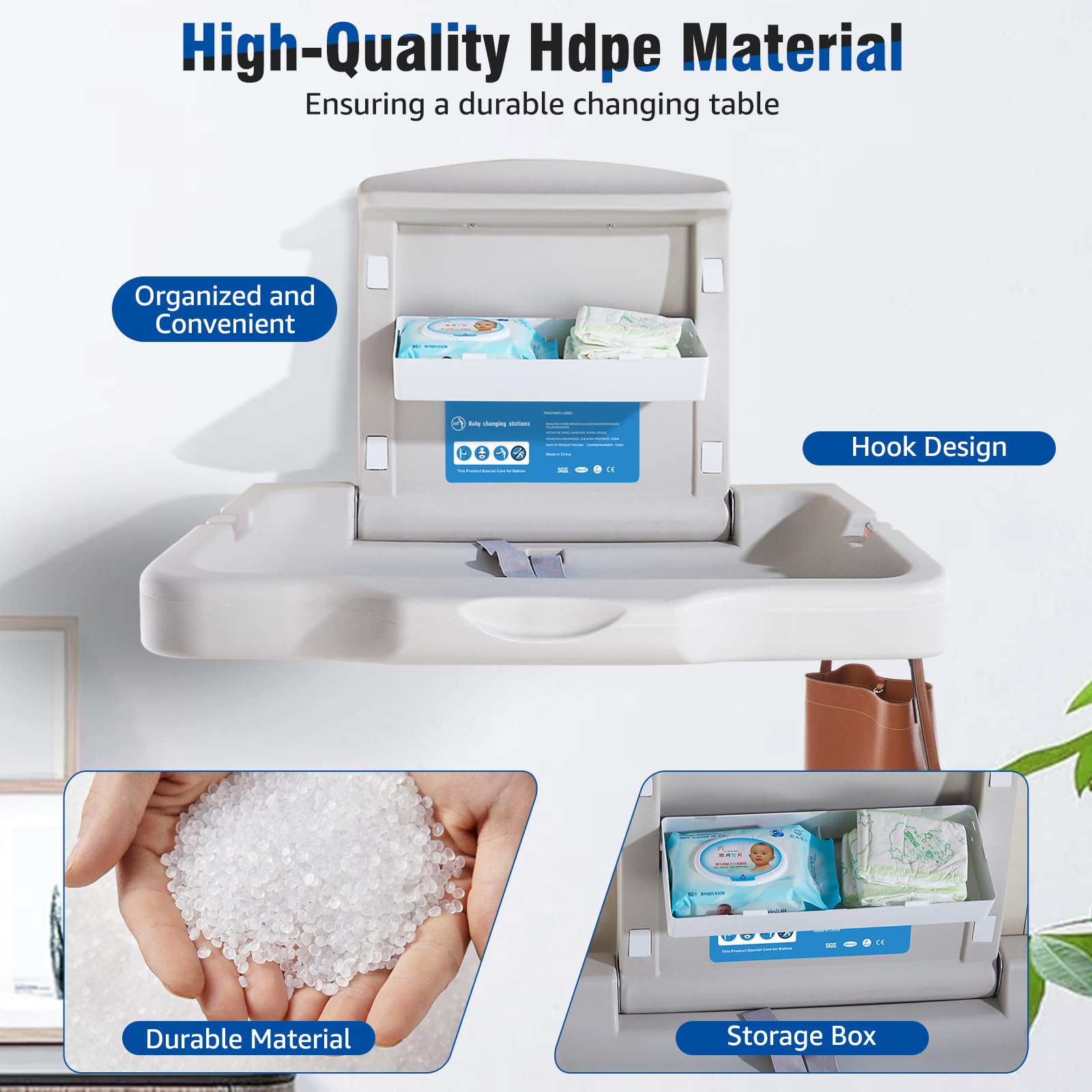 DutyWorks fold-down changing table in use saves space with smooth operation.