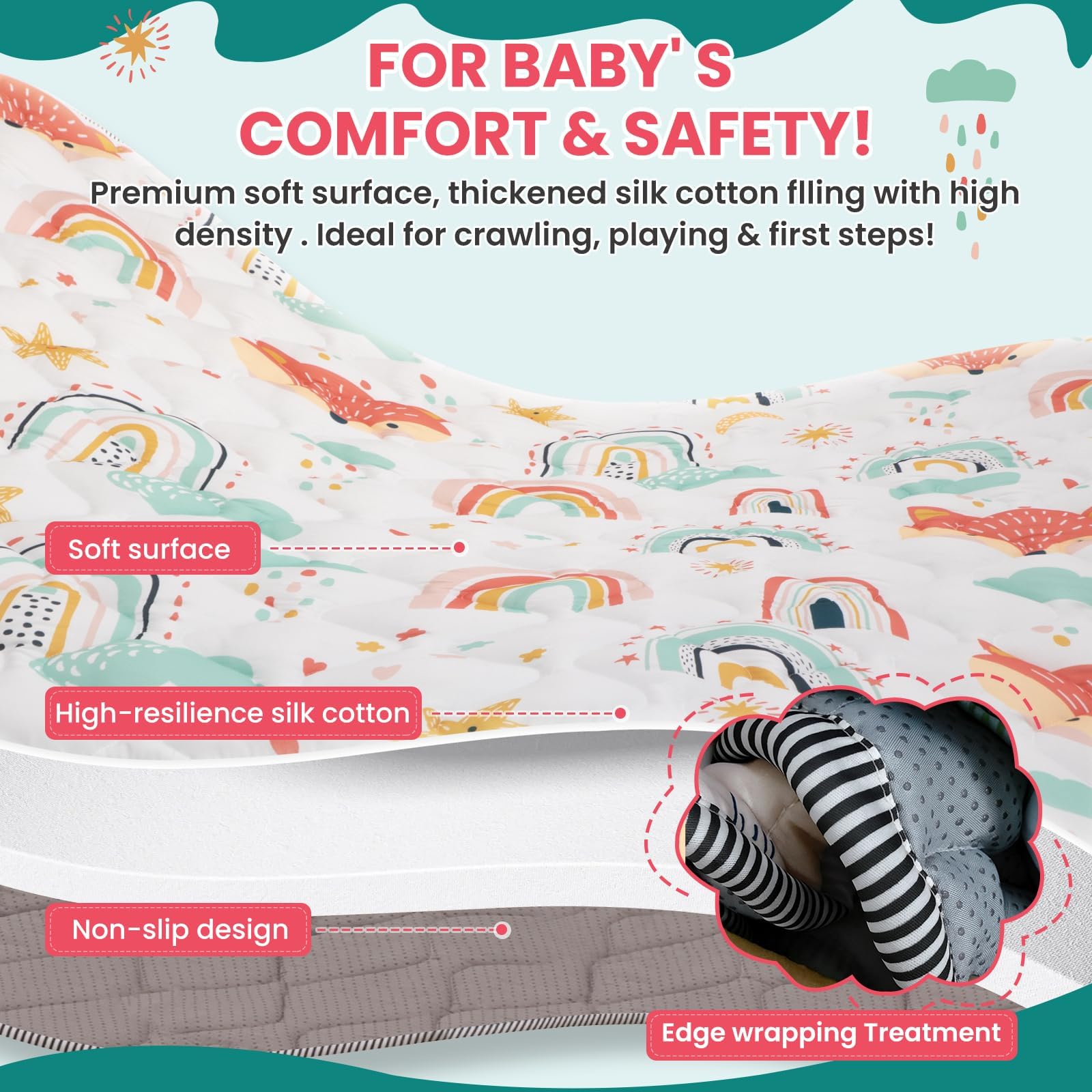 Duwenem Rainbow Fox mat in nursery, creates a roomy play area.