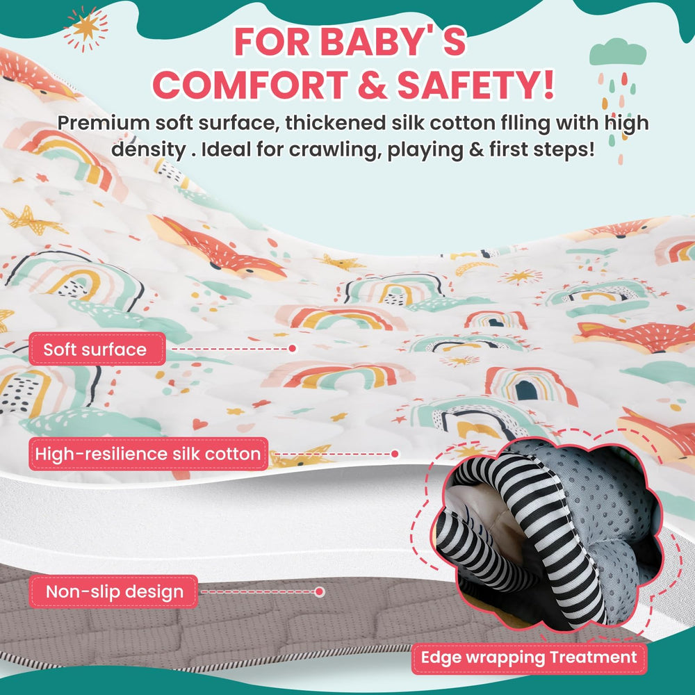 Duwenem Rainbow Fox mat in nursery, creates a roomy play area.