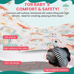 Duwenem Rainbow Fox mat in nursery, creates a roomy play area.