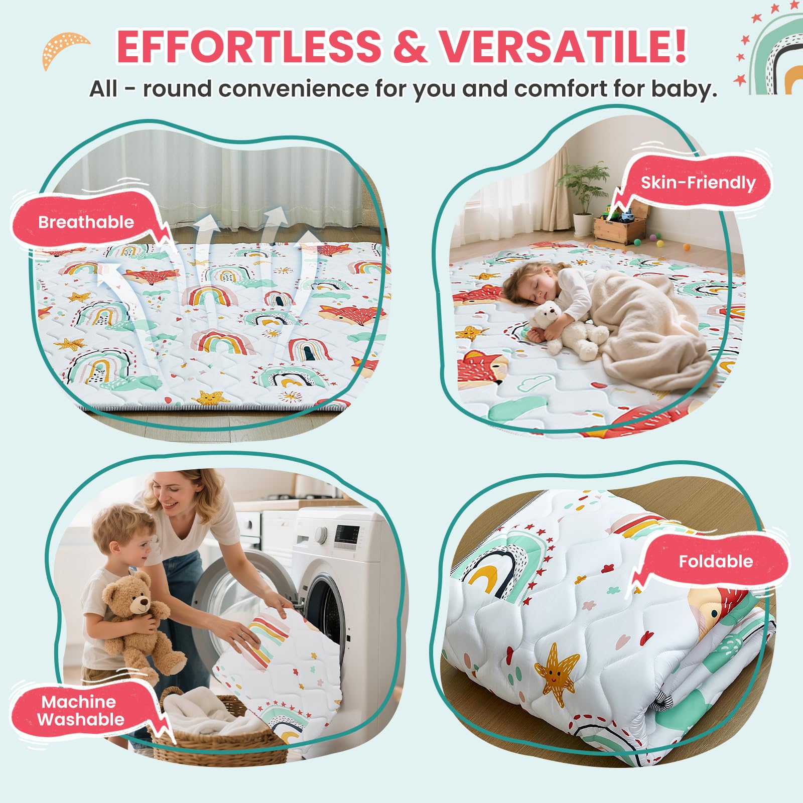 Duwenem nursery pattern and color variation highlights stylish decor and safe play.