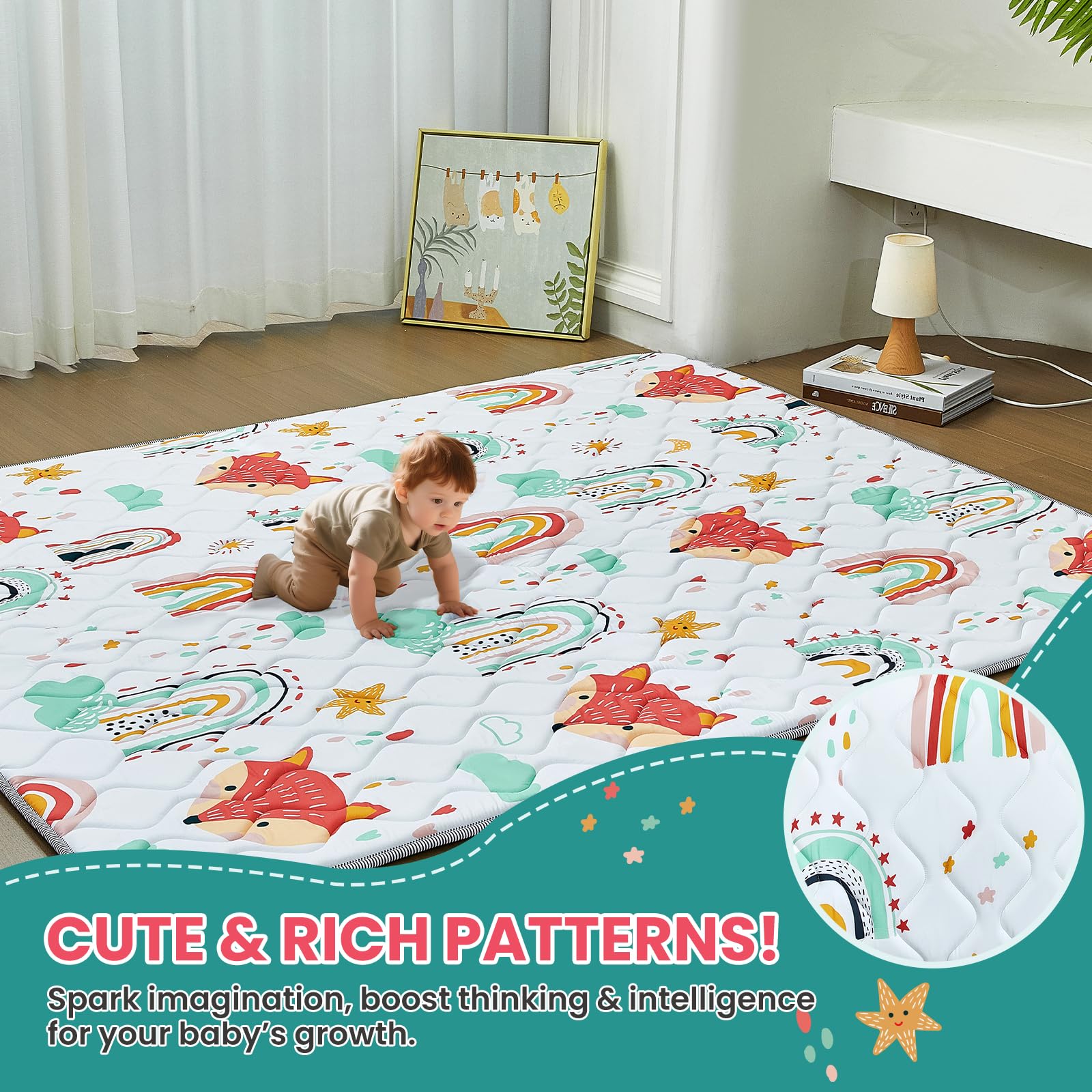 A toddler crawls on the Duwenem Rainbow Fox mat inside a playpen.