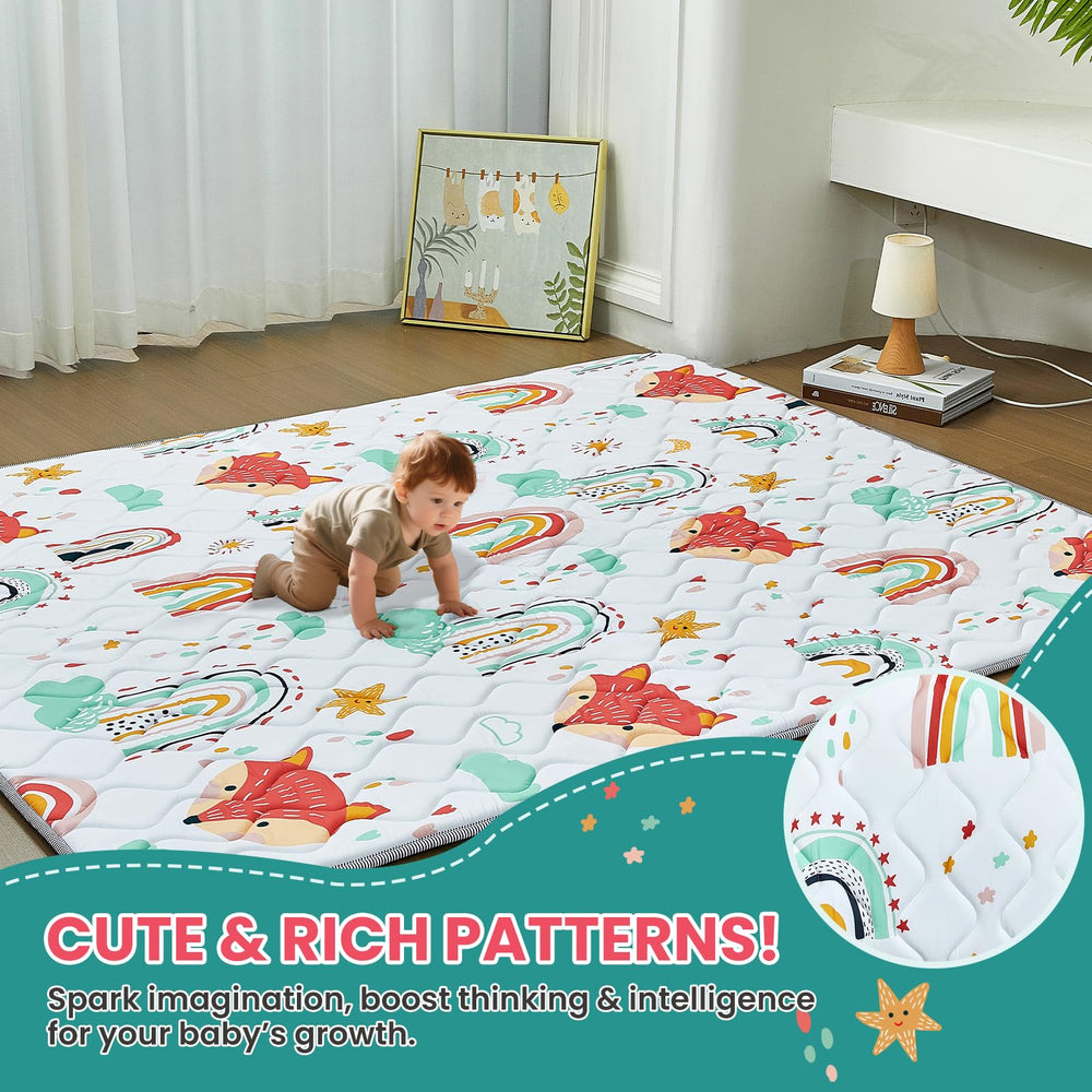 A toddler crawls on the Duwenem Rainbow Fox mat inside a playpen.