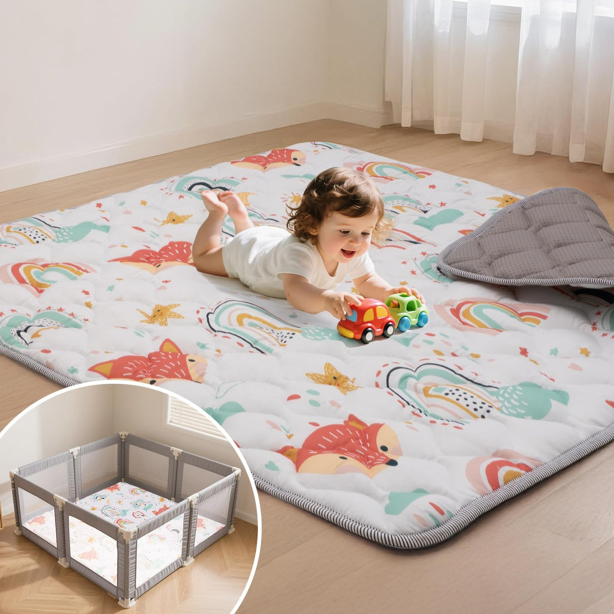 Duwenem Rainbow Fox play mat 71x59 inches, unfurled for spacious crawling.