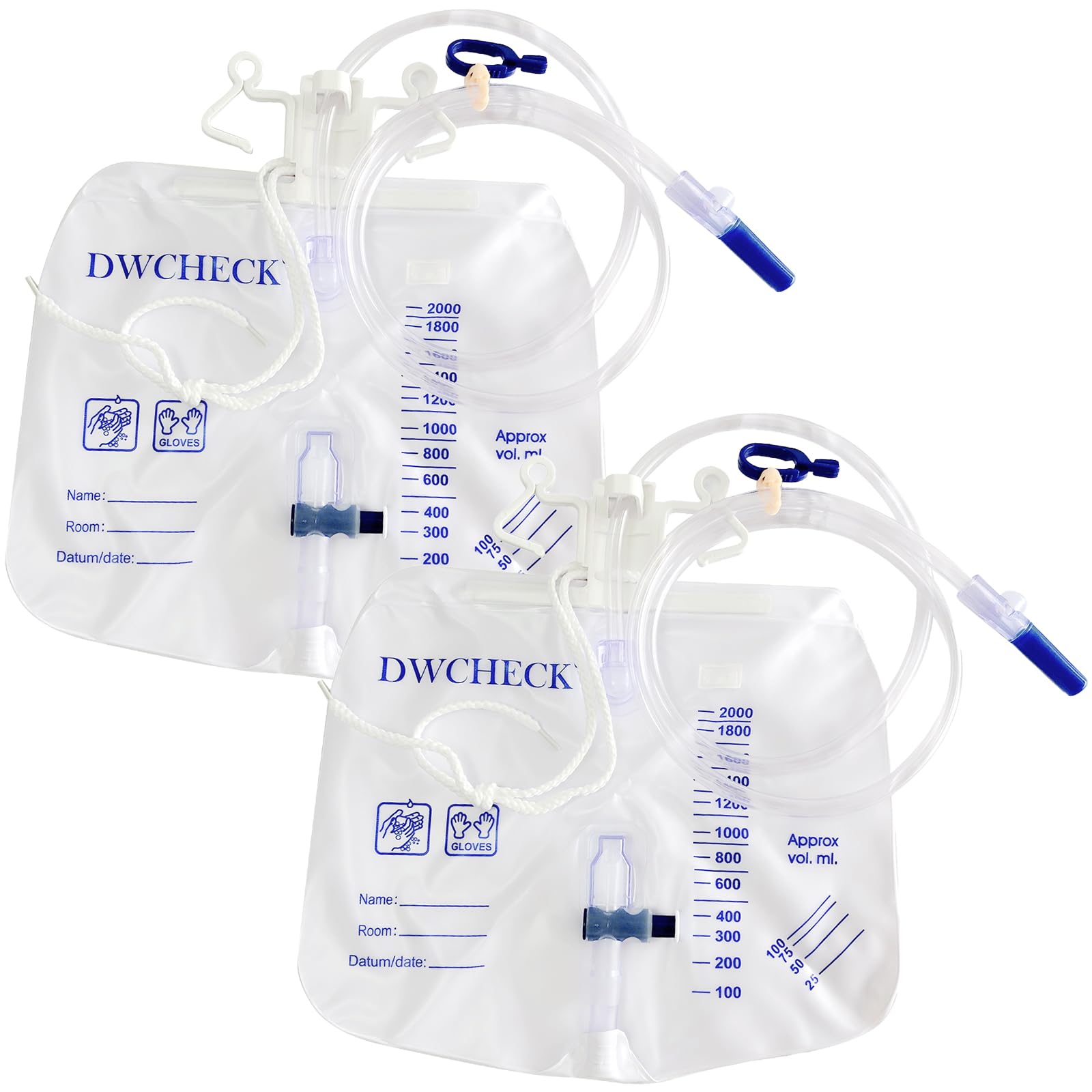 DWCHECK 2-pack urinary drainage bags with anti-reflux chamber for secure disposal.