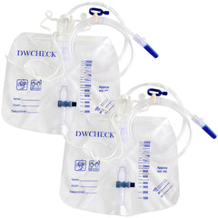 DWCHECK 2-pack urinary drainage bags with anti-reflux chamber for secure disposal.