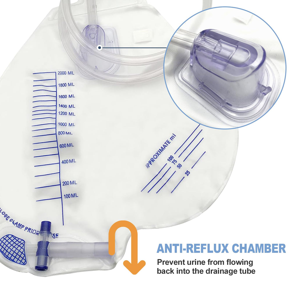 DWCHECK 48-inch tube attached to the urinary bag supports flexible positioning.