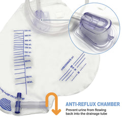 DWCHECK 48-inch tube attached to the urinary bag supports flexible positioning.