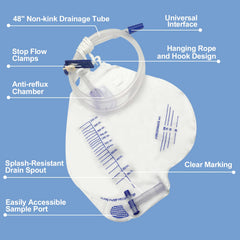 DWCHECK anti-reflux chamber in a urinary bag helps prevent backflow.