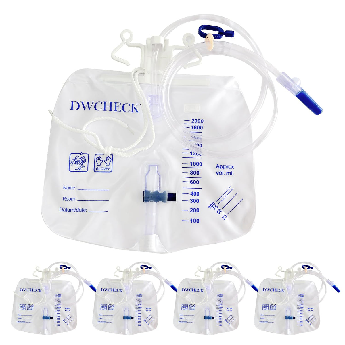 DWCHECK urinary drainage bag 2000ml with clear volume markings for overnight use.