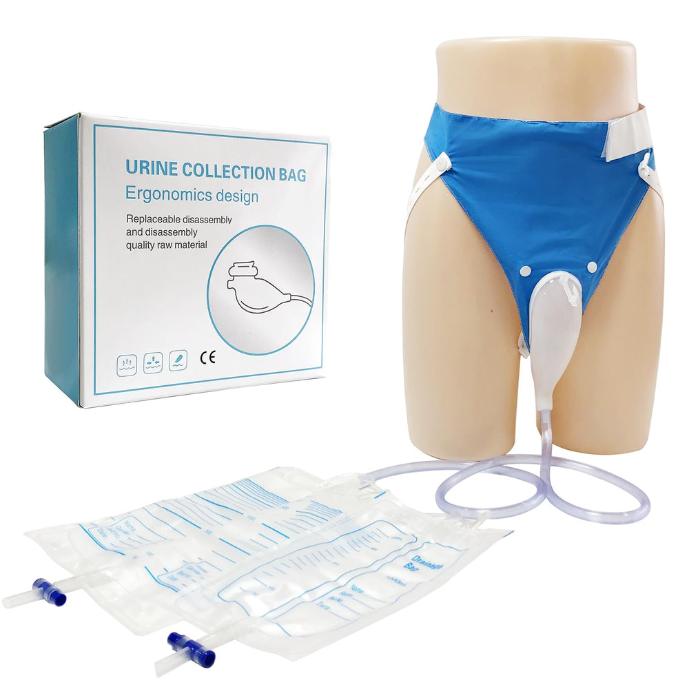 DWCHECK wearable urine bag with external catheter for discreet daily use.