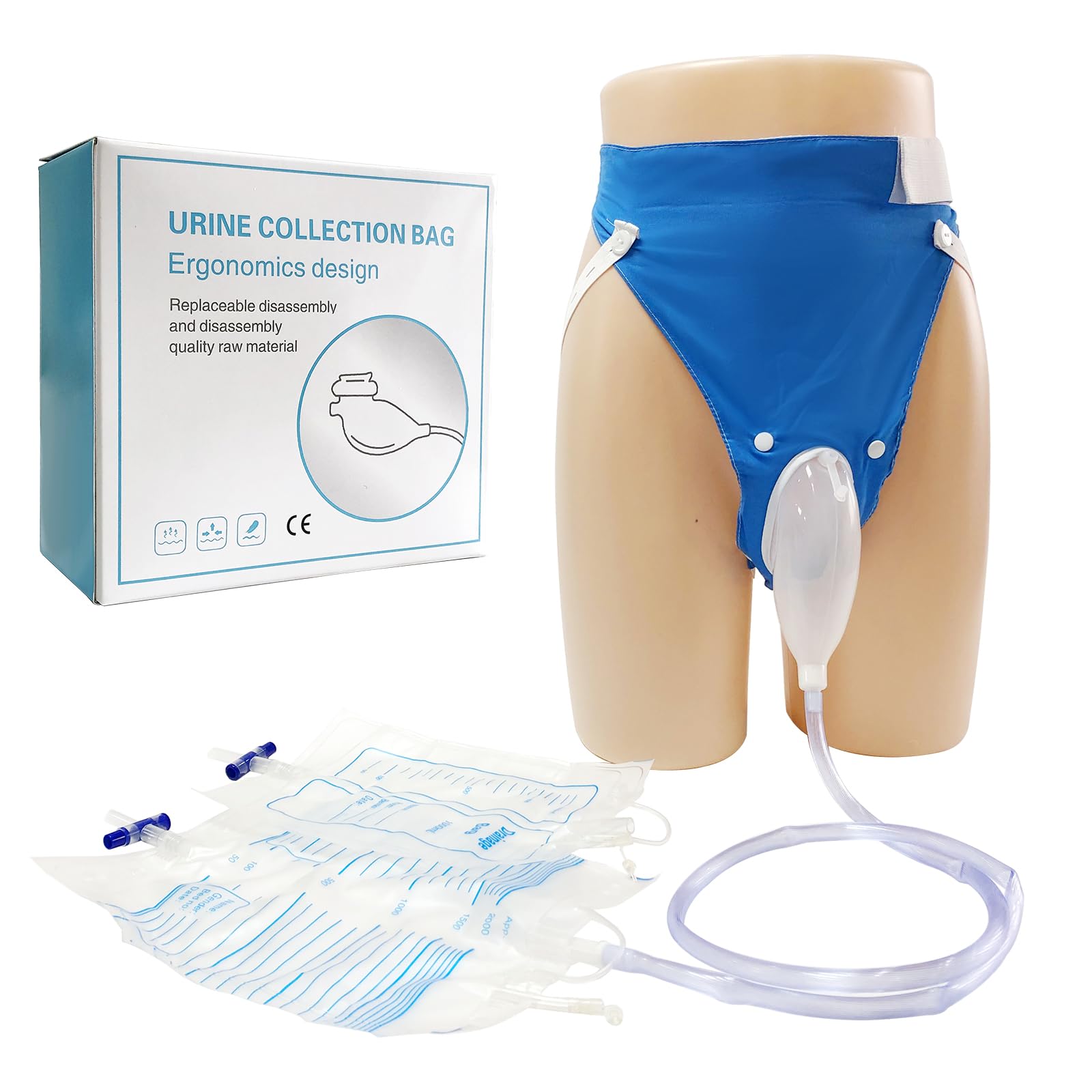 DWCHECK wearable urine bag overview for discreet daily use and adjustable fit.