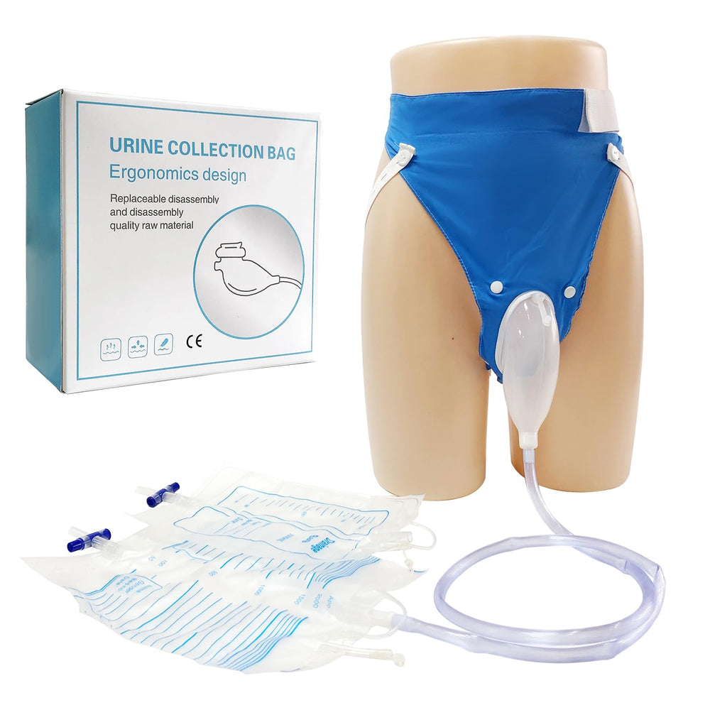 DWCHECK wearable urine bag overview for discreet daily use and adjustable fit.