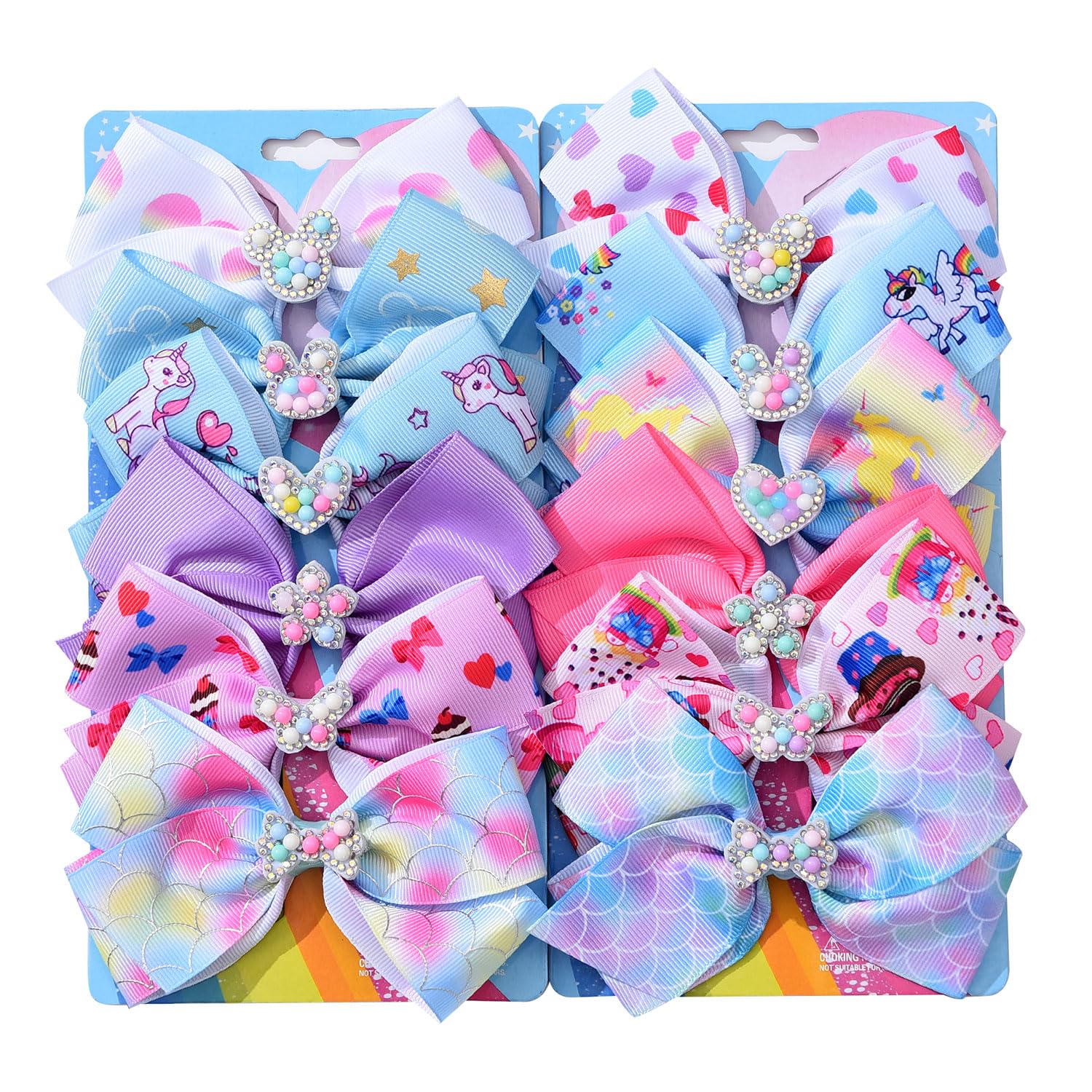 Dwenarry 12-pcs rainbow-print hair bows for vibrant daily outfits.