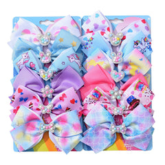 Dwenarry 12-pcs rainbow-print hair bows for vibrant daily outfits.