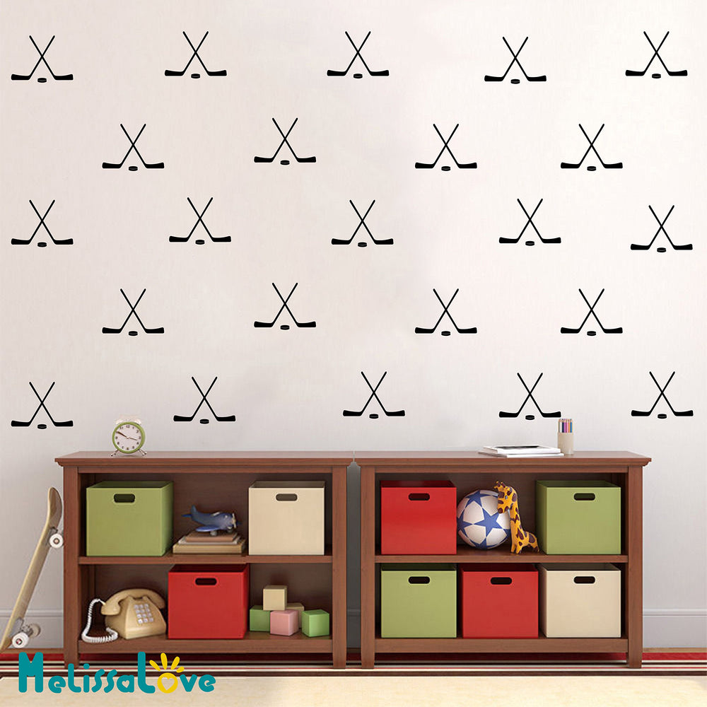 Black hockey cross sticks decal on a smooth wall creates a painted-wall look