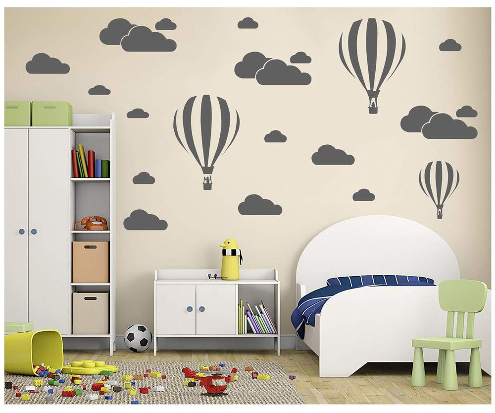 DXLING White Clouds and Hot Air Balloons wall sticker in grey for a cozy nursery decor