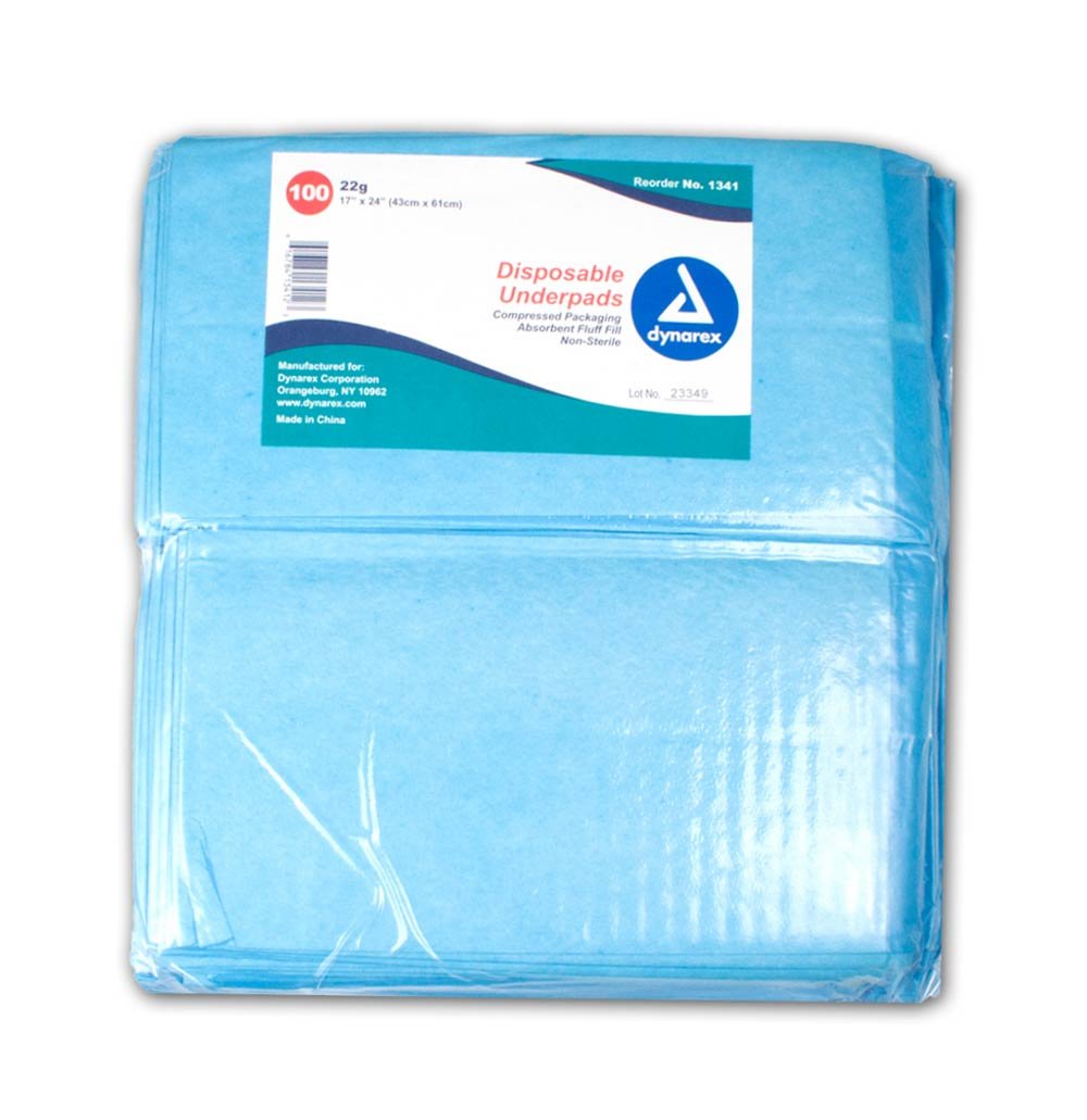 Dynarex 1341 underpads 17x24 inches protect bedding and furniture with a 22 g absorbent core.