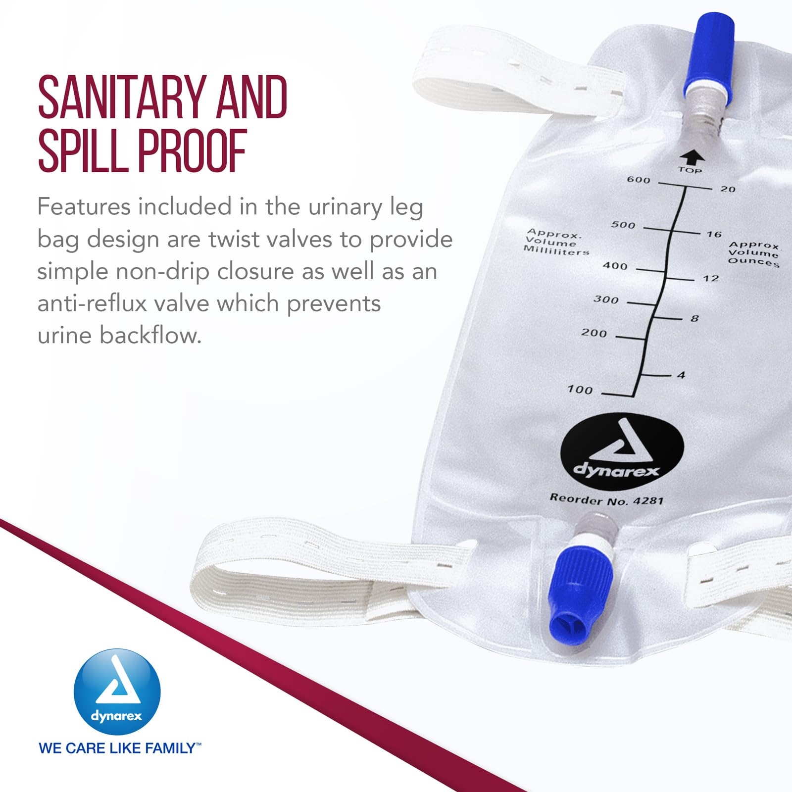 Dynarex leg bag anti-reflux valve to minimize backflow during use