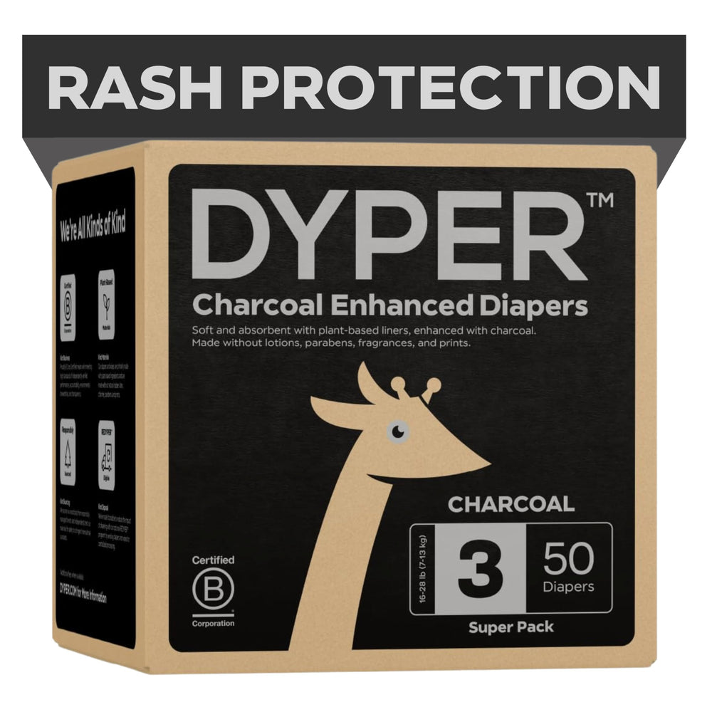 DYPER Charcoal Enhanced Diapers pack showing odor-filtering design for sensitive skin.