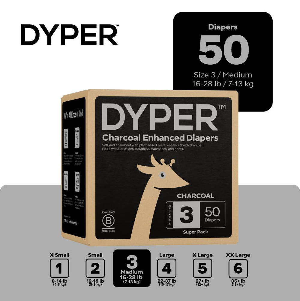 DYPER charcoal odor-filtering technology diaper close-up for day-long freshness.