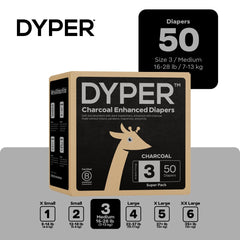 DYPER charcoal odor-filtering technology diaper close-up for day-long freshness.