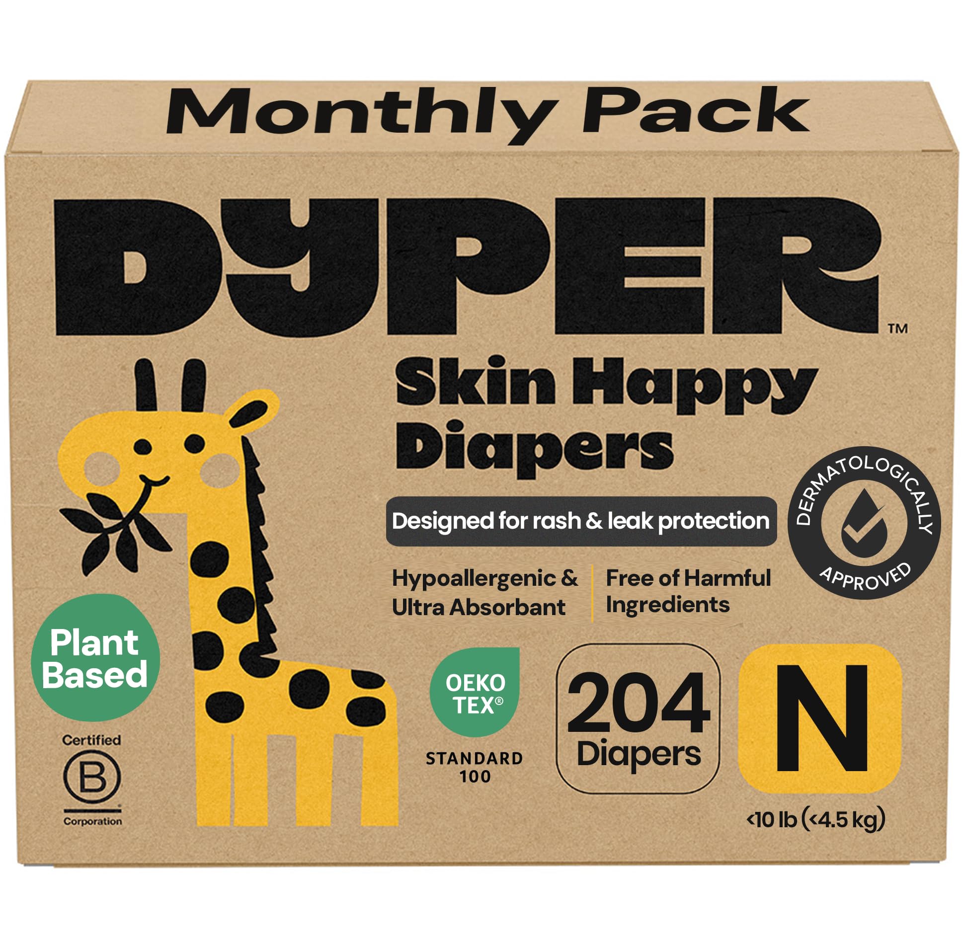 DYPER newborn diapers size 0 pack shot, showing leak-proof design for day and night.