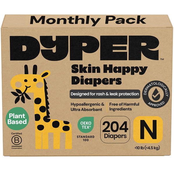 DYPER newborn diapers size 0 pack shot, showing leak-proof design for day and night.