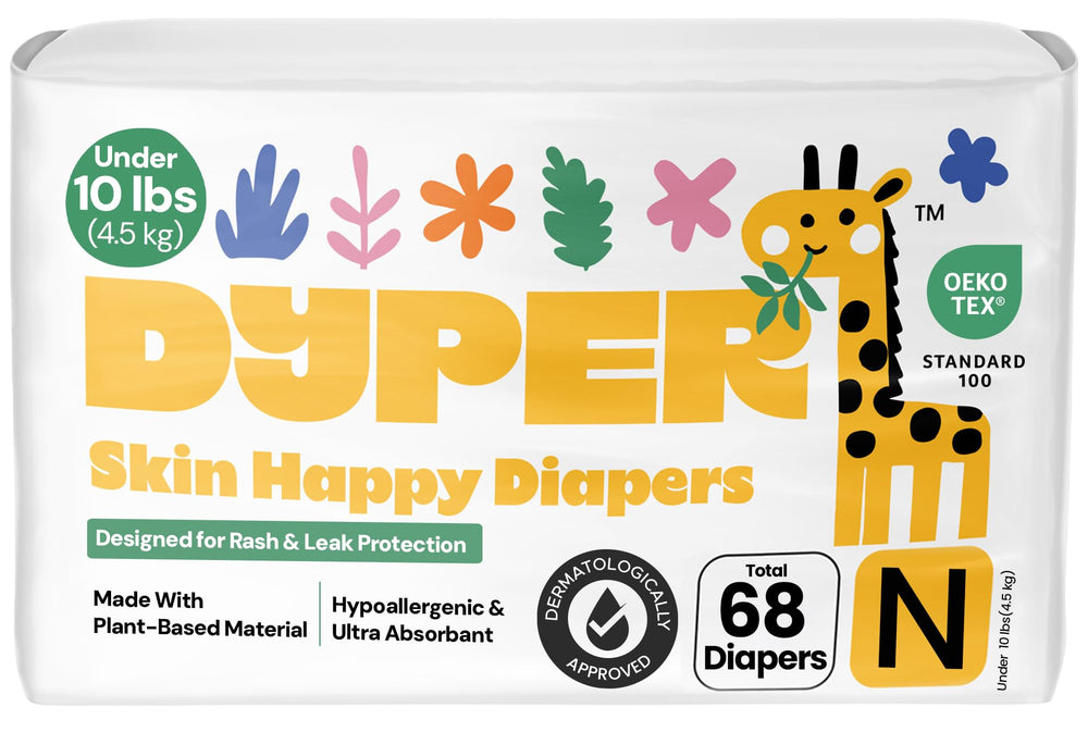 DYPER newborn diapers with soft plant-based fabric for gentle skin protection.