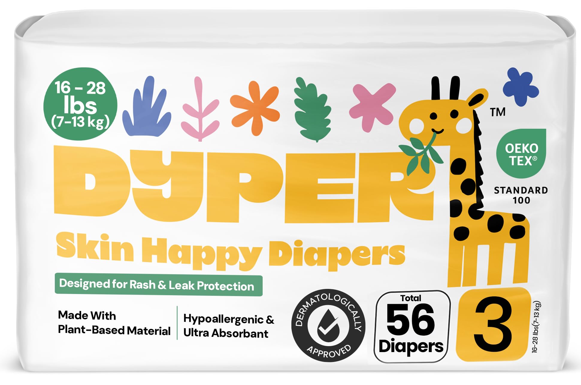 DYPER size 3 diapers in a 56-count box offering breathable comfort for sensitive baby skin.