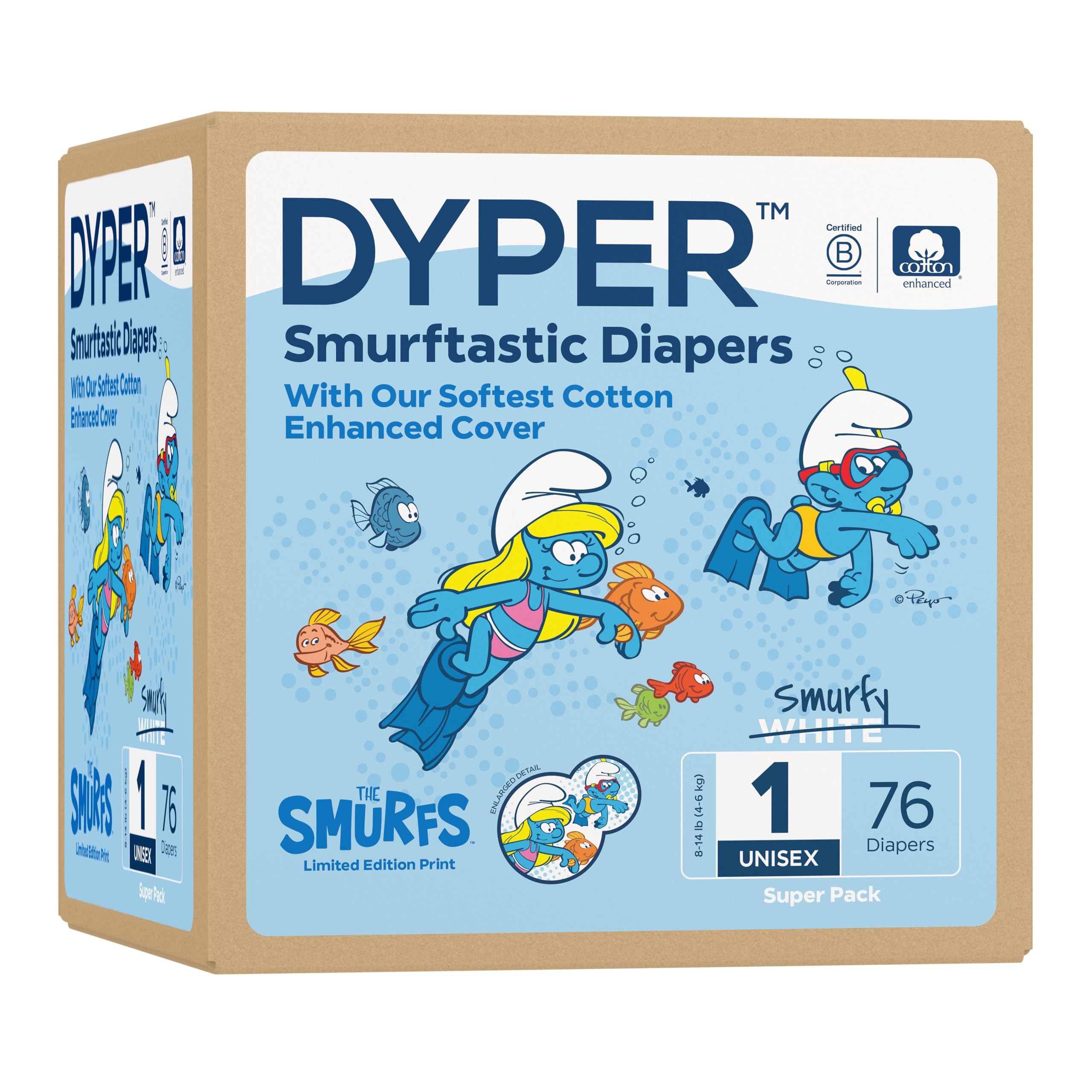 DYPER Smurftastic Diapers packshot highlighting hypoallergenic plant-based design