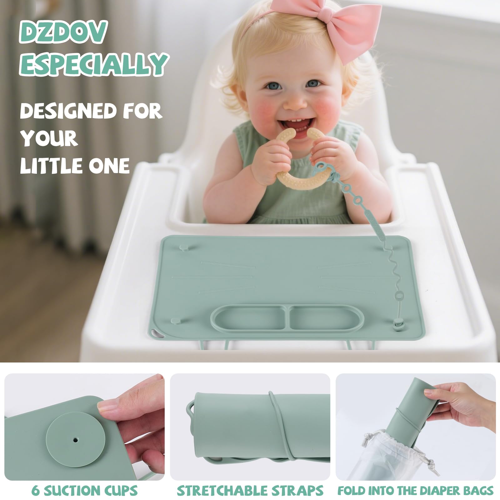 DZDOV compact folded placemat fits inside a diaper bag.
