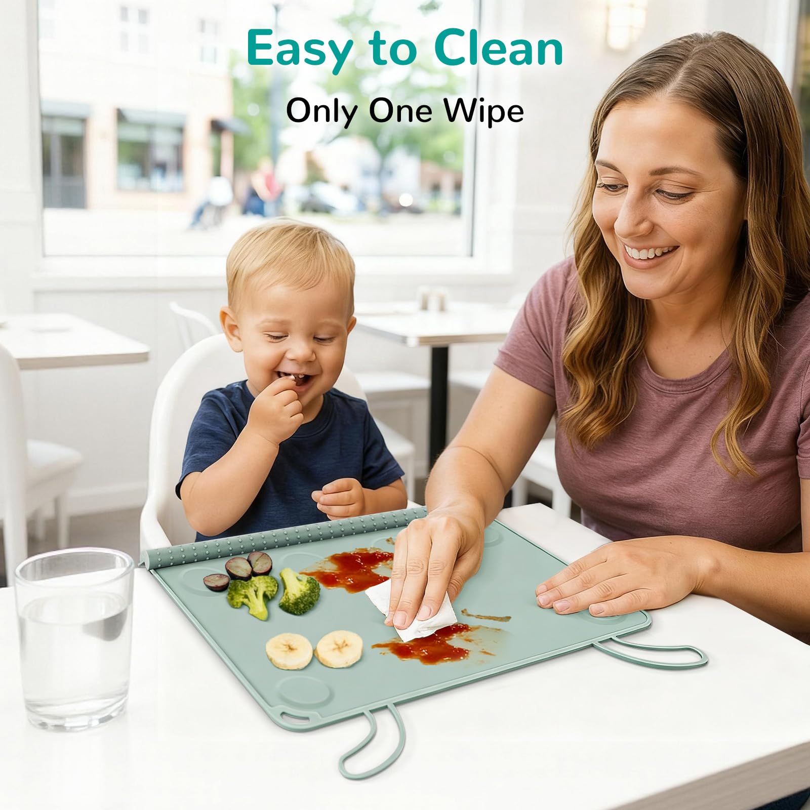 DZDOV roll-up placemat fits in a diaper bag for easy travel.
