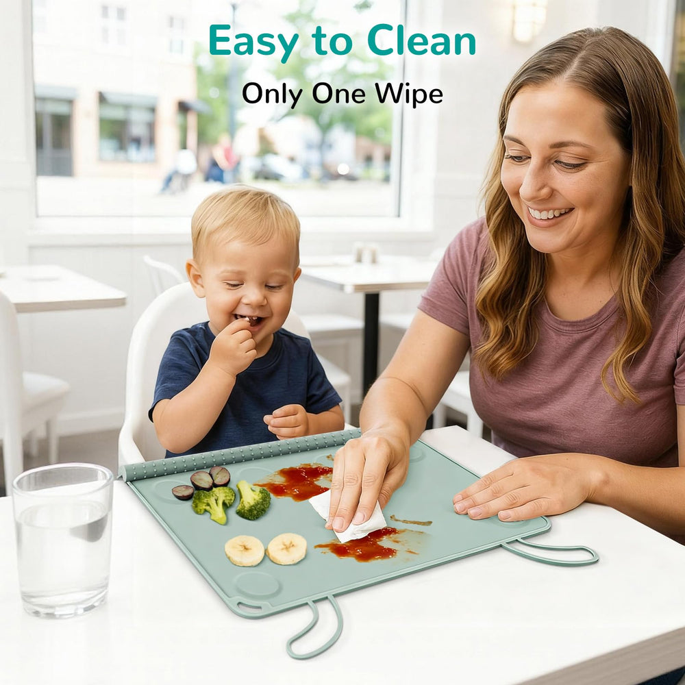 DZDOV roll-up placemat fits in a diaper bag for easy travel.