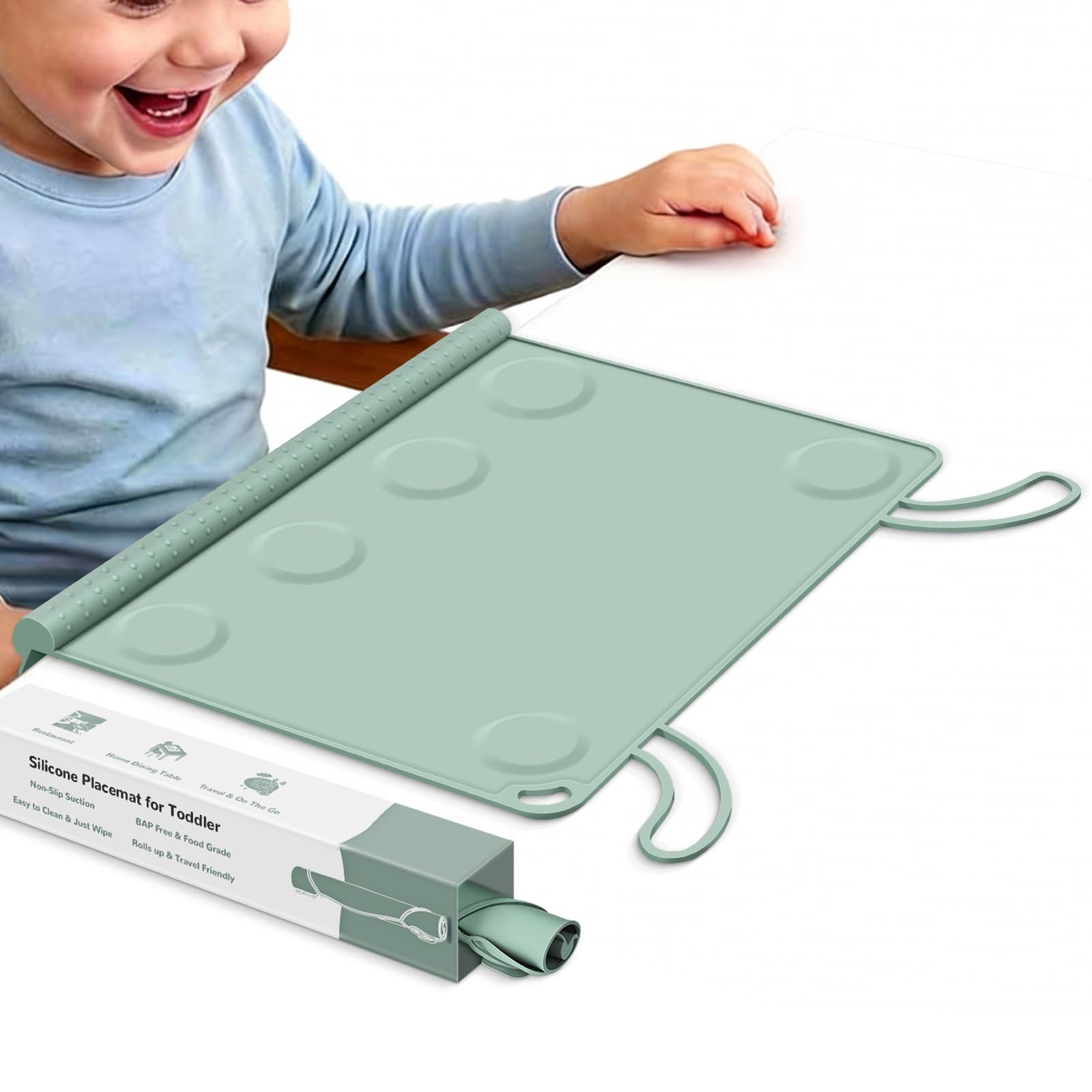 DZDOV silicone placemat on table keeps toddler meals tidy at restaurants.